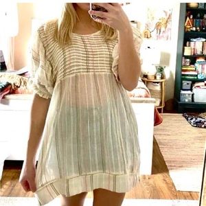 Free People Boho Natural White Striped Puff Sleeves Tunic Medium